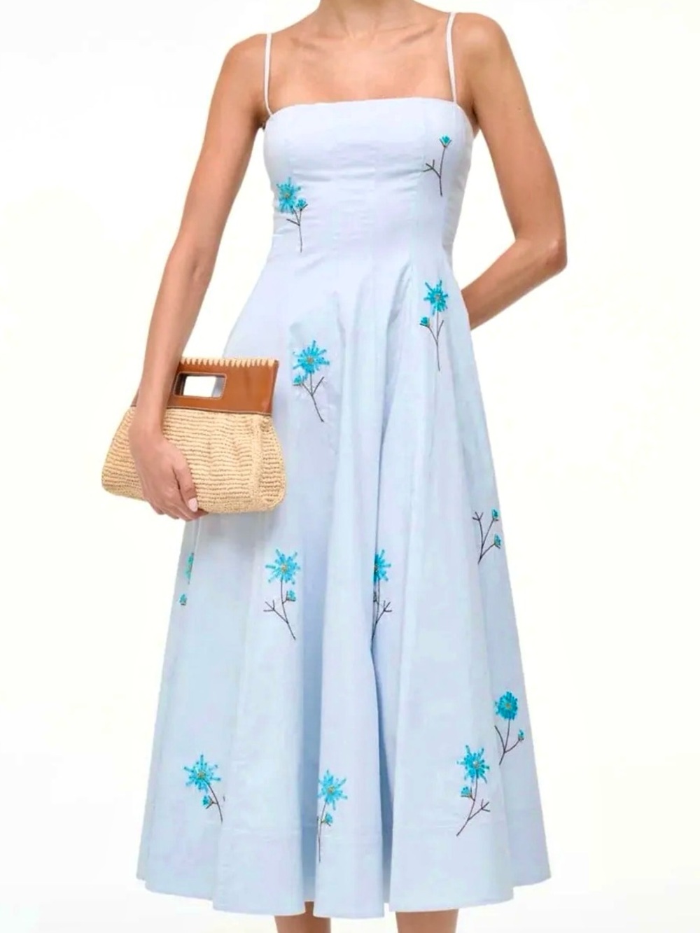 NWT Staud Wylie Embroidered Midi Dress Dandelion Sky